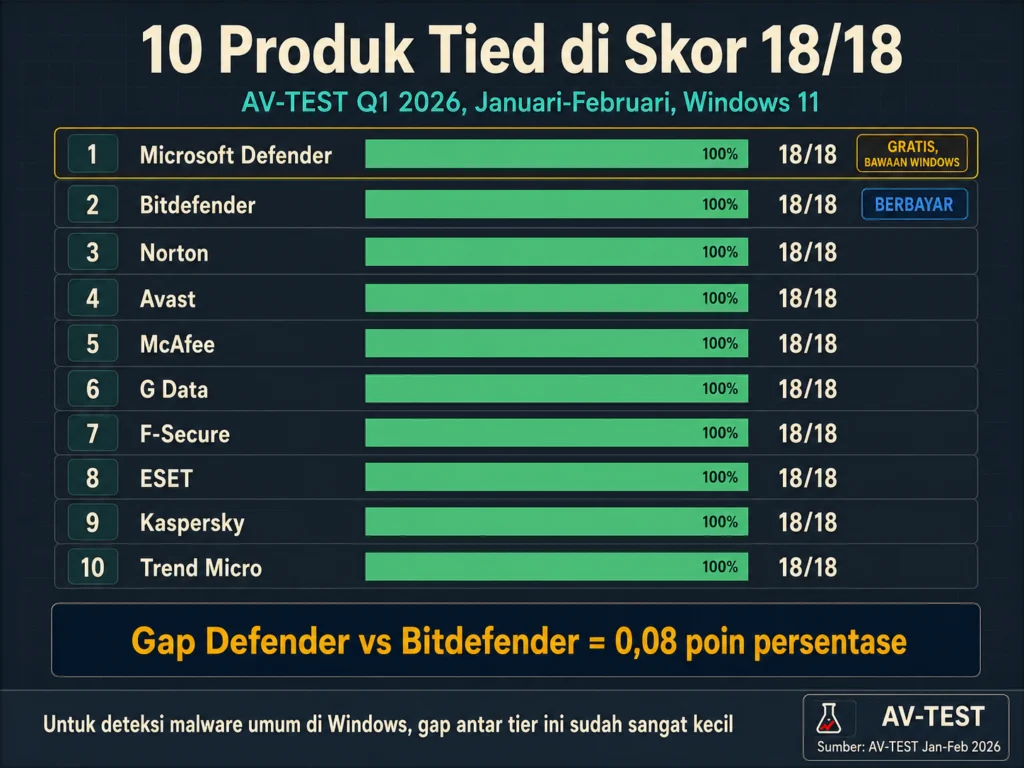  ranking AV-TEST Q1 2026 antivirus skor 18 dari 18 Microsoft Defender Bitdefender Norton Avast