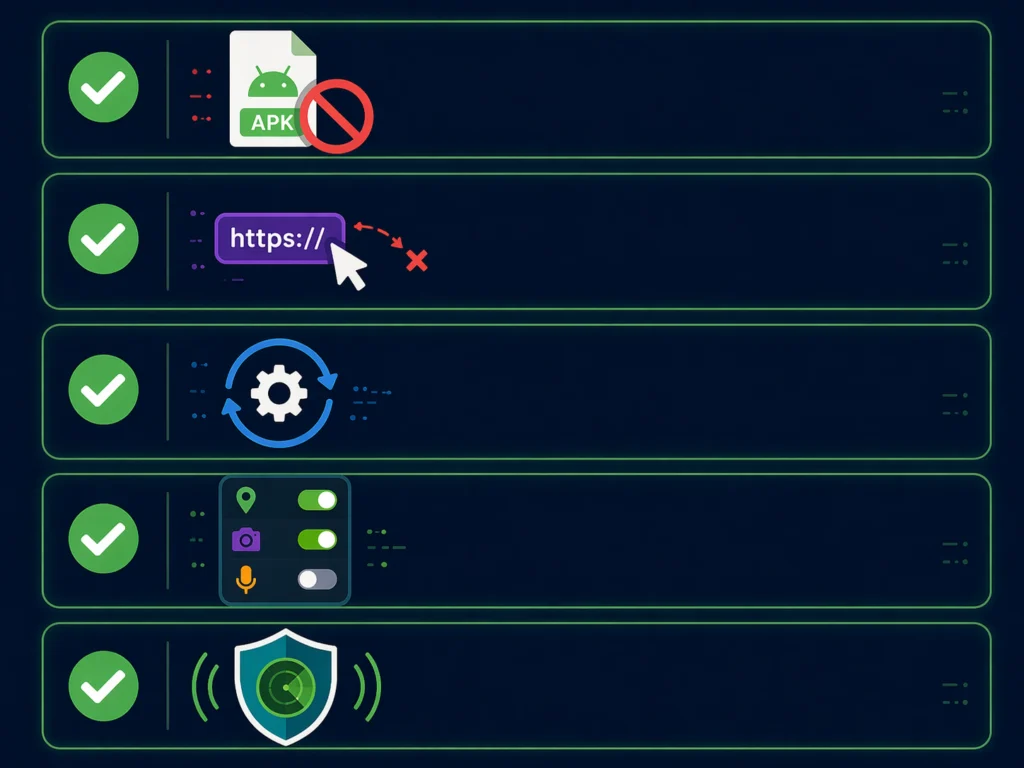 Infografis lima cara mencegah HP kena malware: hindari APK luar Play Store, jangan klik link sembarangan, update rutin, periksa izin aplikasi, dan pakai antivirus real-time