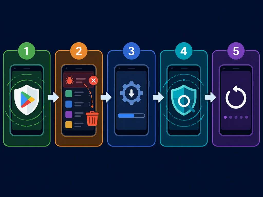 Diagram lima langkah membersihkan HP Android dari virus dan malware: scan Play Protect, hapus aplikasi mencurigakan, update sistem, scan antivirus, dan reset pabrik