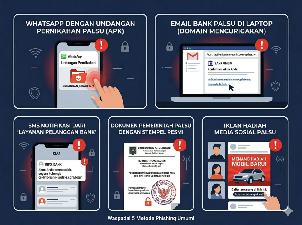 Lima modus phishing paling umum di Indonesia: APK WhatsApp, email bank palsu, SMS CS palsu, instansi pemerintah palsu, dan link media sosial