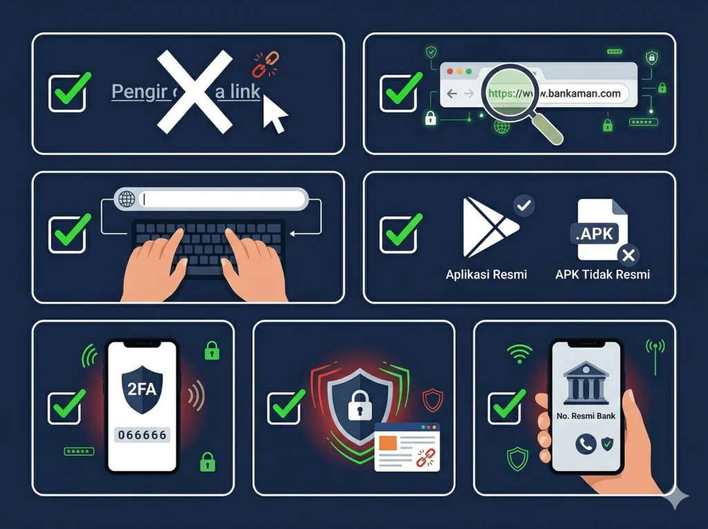 Checklist tujuh cara menghindari phishing: tidak klik link sembarangan, ketik URL manual, aktifkan 2FA, hindari APK luar Play Store, cek URL, pakai antivirus, konfirmasi ke saluran resmi