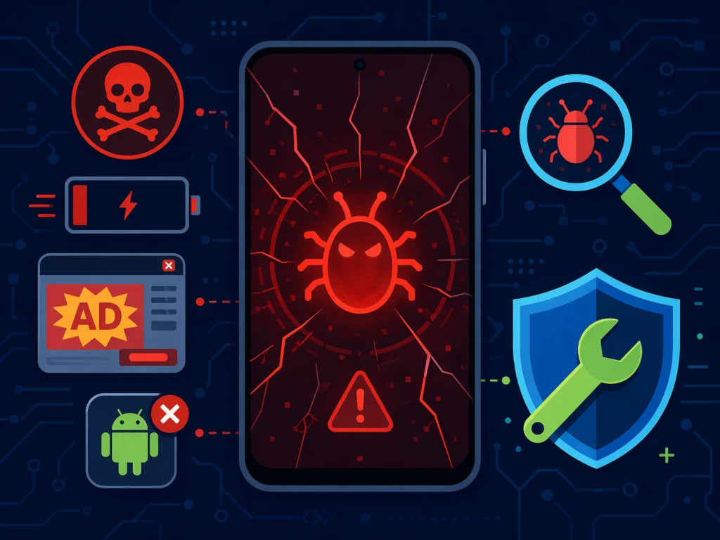 Ilustrasi bergaya flat smartphone Android terinfeksi malware dengan ikon bug merah, tanda peringatan, dan elemen keamanan seperti perisai dan kaca pembesar