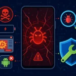 Ilustrasi bergaya flat smartphone Android terinfeksi malware dengan ikon bug merah, tanda peringatan, dan elemen keamanan seperti perisai dan kaca pembesar
