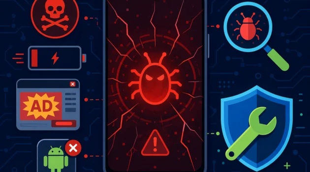 Ilustrasi bergaya flat smartphone Android terinfeksi malware dengan ikon bug merah, tanda peringatan, dan elemen keamanan seperti perisai dan kaca pembesar