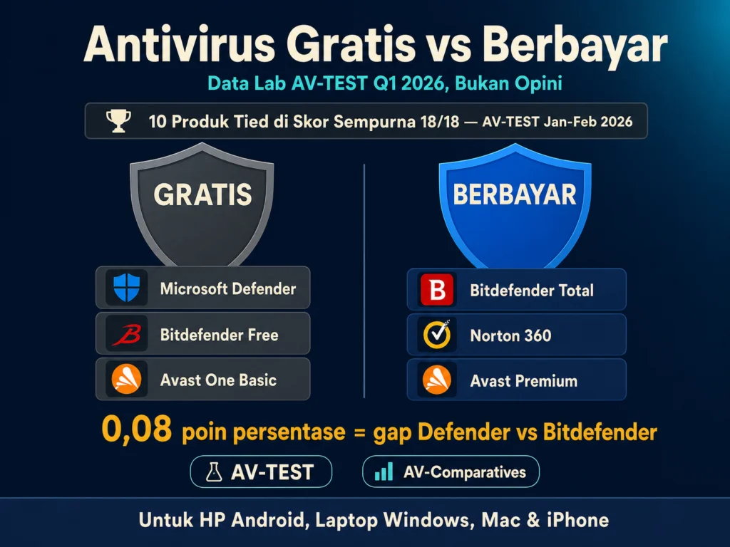 perbandingan antivirus gratis vs berbayar AV-TEST 2026 Windows Defender Bitdefender skor 18/18