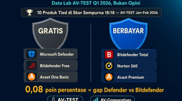 perbandingan antivirus gratis vs berbayar AV-TEST 2026 Windows Defender Bitdefender skor 18/18