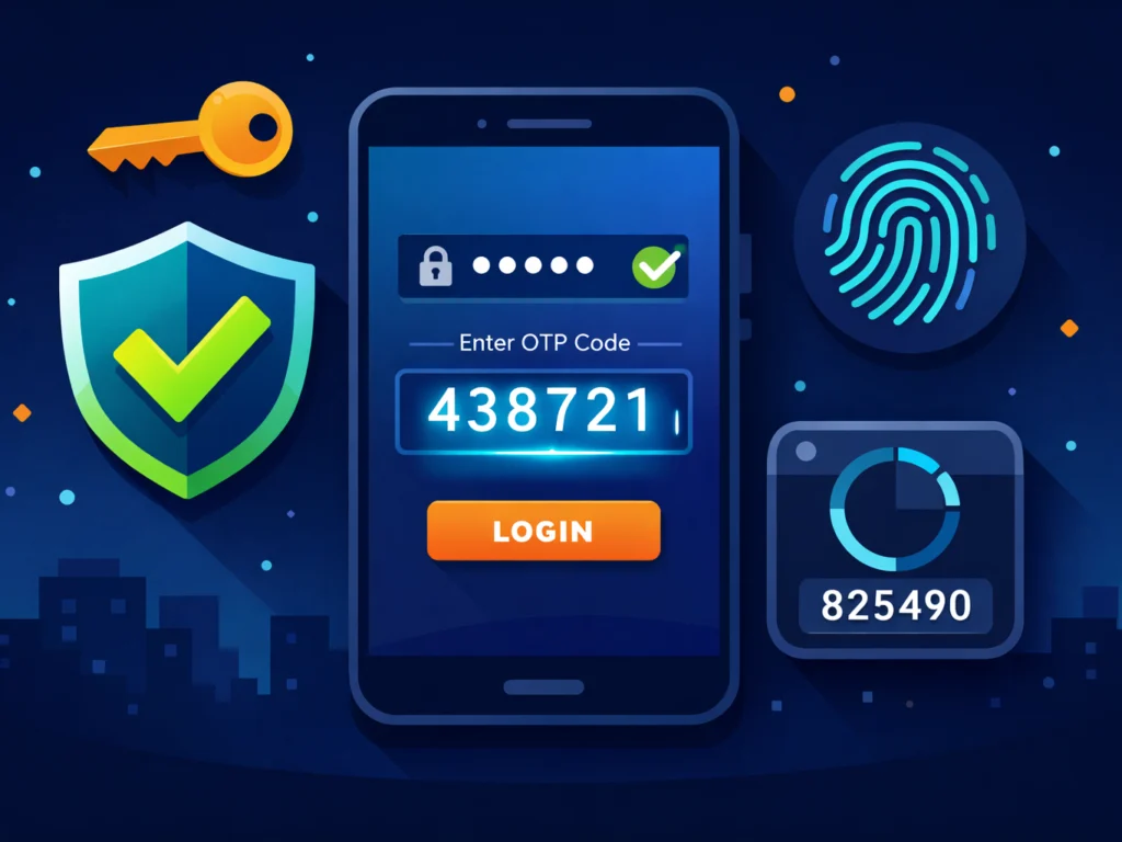 Ilustrasi bergaya flat menampilkan smartphone dengan layar login dua langkah, kode OTP, perisai keamanan, dan ikon gembok sebagai simbol two-factor authentication 2FA