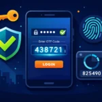 Ilustrasi bergaya flat menampilkan smartphone dengan layar login dua langkah, kode OTP, perisai keamanan, dan ikon gembok sebagai simbol two-factor authentication 2FA