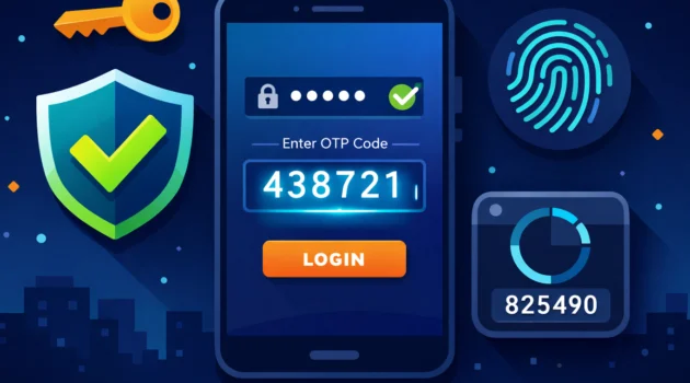 Ilustrasi bergaya flat menampilkan smartphone dengan layar login dua langkah, kode OTP, perisai keamanan, dan ikon gembok sebagai simbol two-factor authentication 2FA