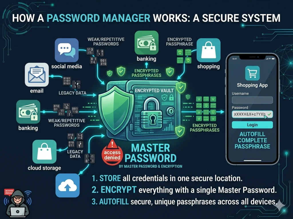 Ilustrasi cara kerja password manager: satu master password membuka vault yang menyimpan semua password akun secara terenkripsi