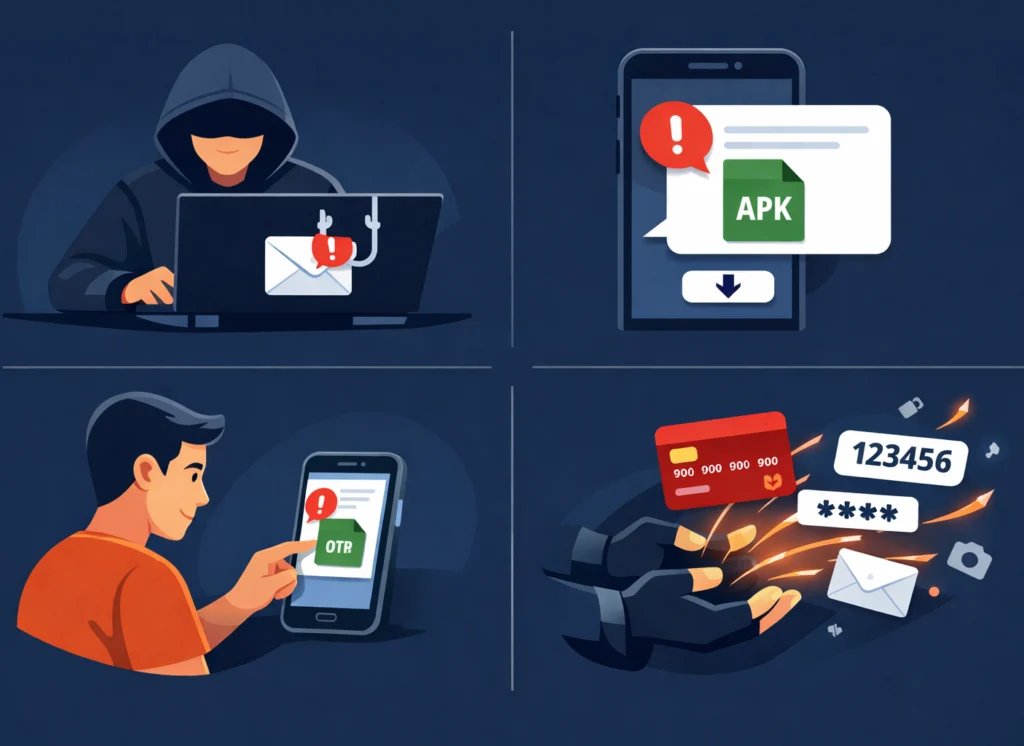 Ilustrasi cara kerja serangan phishing: pelaku mengirim pesan palsu untuk mencuri data pengguna