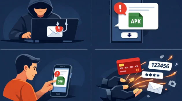 Ilustrasi cara kerja serangan phishing: pelaku mengirim pesan palsu untuk mencuri data pengguna