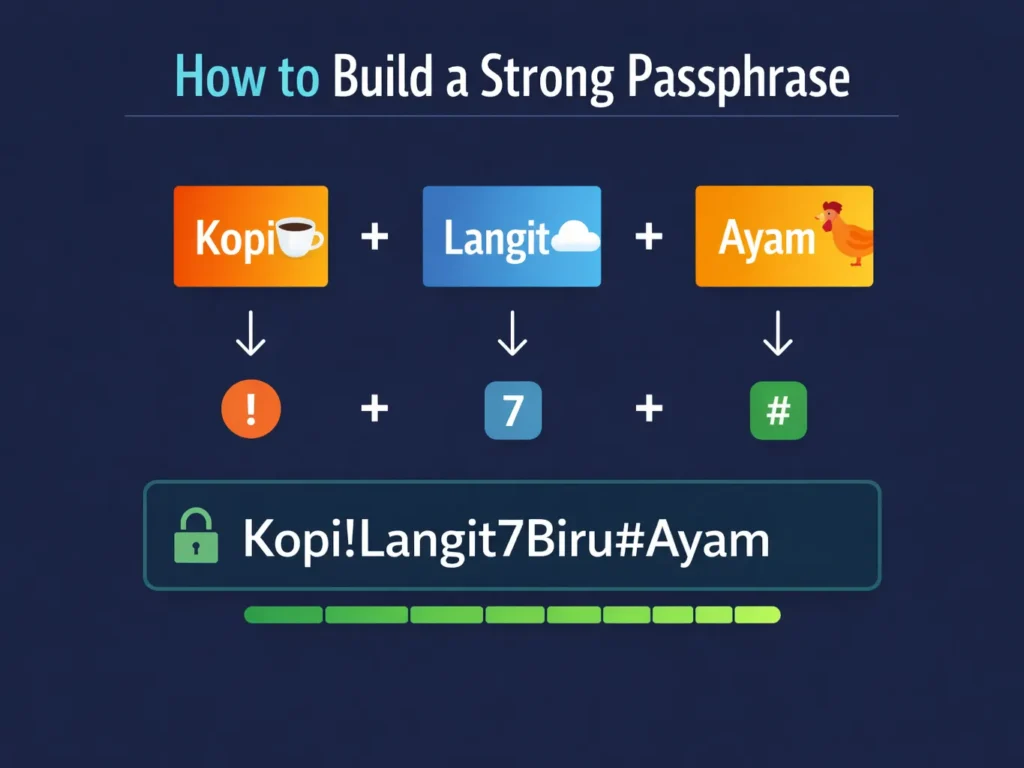 Ilustrasi cara membuat passphrase kuat dari tiga kata acak yang dikombinasikan dengan angka dan simbol