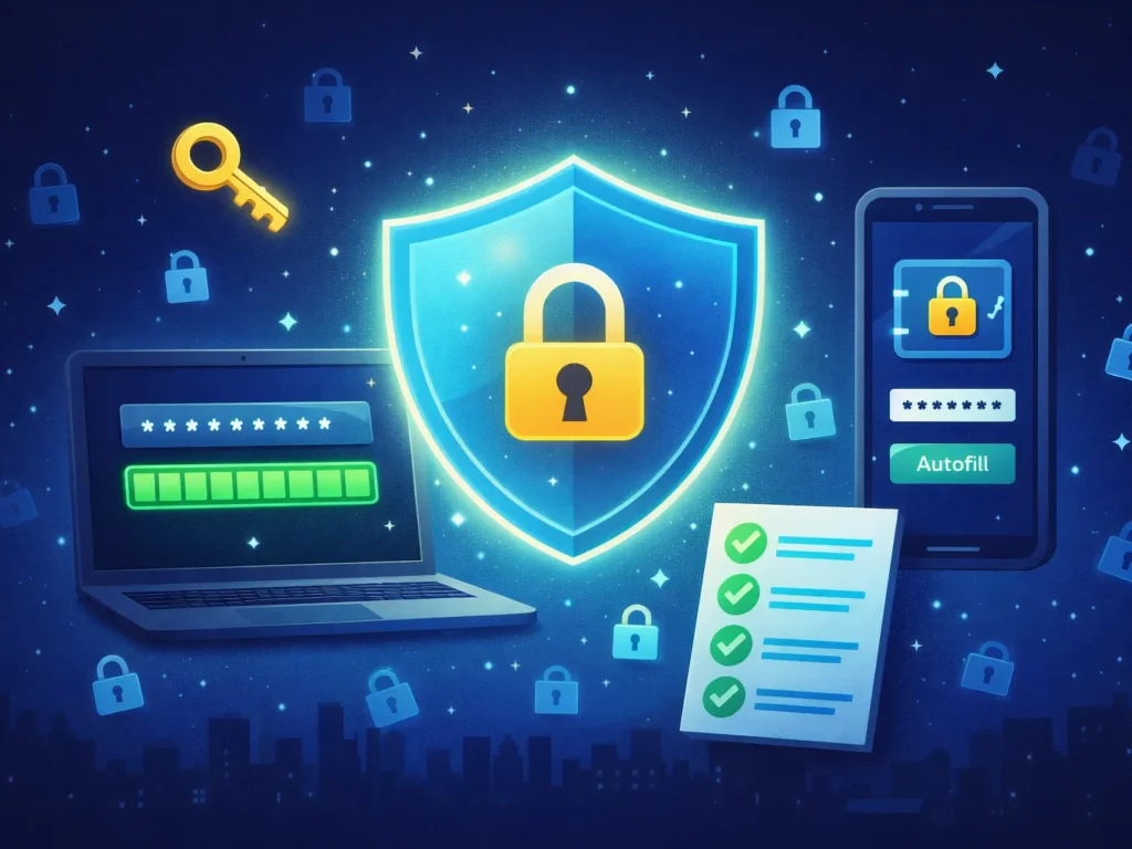 Ilustrasi bergaya flat menampilkan perisai dengan gembok, laptop dengan indikator password kuat, dan ikon kunci sebagai simbol keamanan password digital