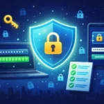 Ilustrasi bergaya flat menampilkan perisai dengan gembok, laptop dengan indikator password kuat, dan ikon kunci sebagai simbol keamanan password digital