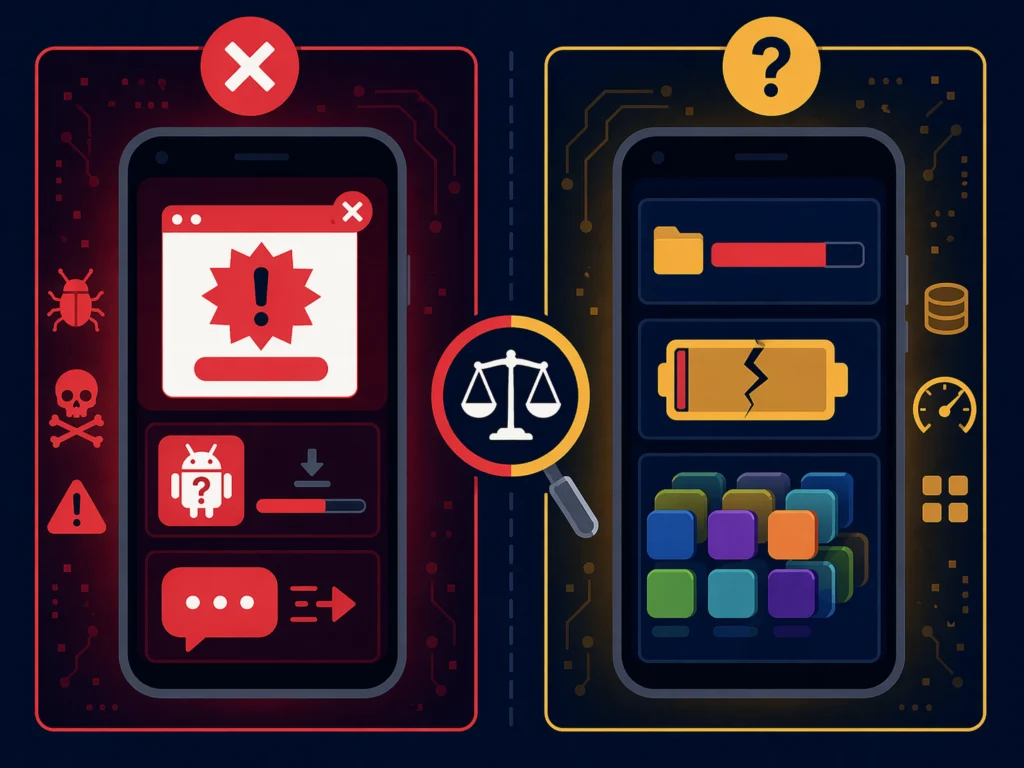 Ilustrasi perbandingan dua skenario: HP dengan gejala malware seperti pop-up dan aplikasi asing versus HP lemot karena storage penuh dan baterai aus