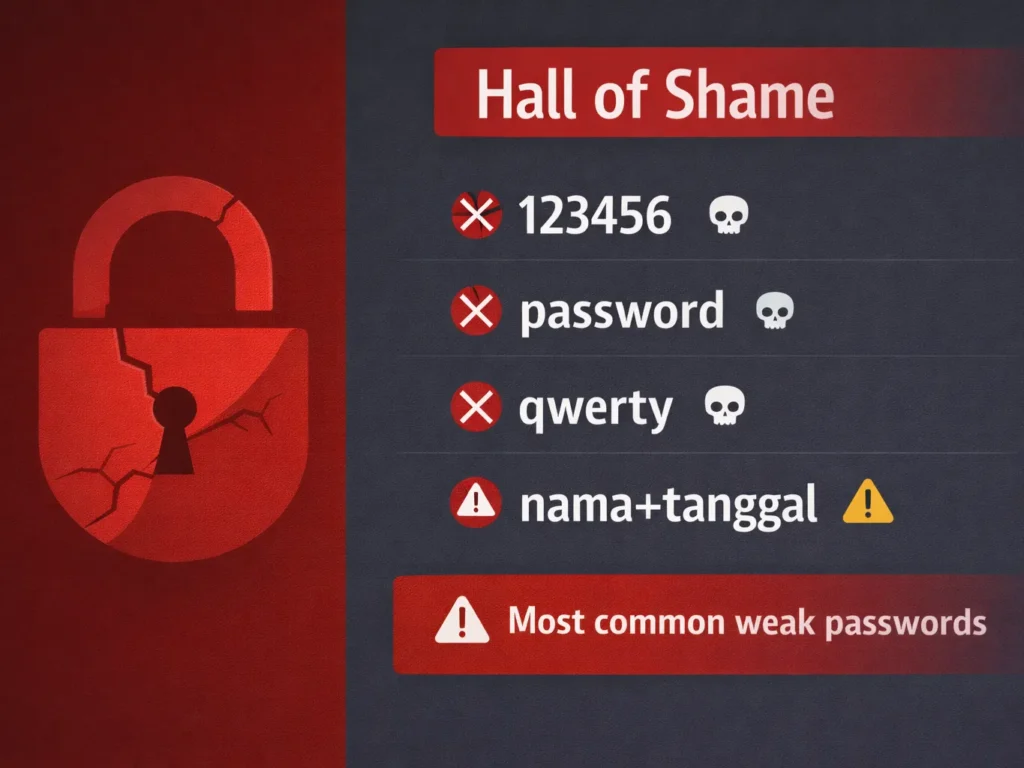 Daftar password paling umum dan paling berbahaya seperti 123456, password, dan qwerty yang harus segera diganti