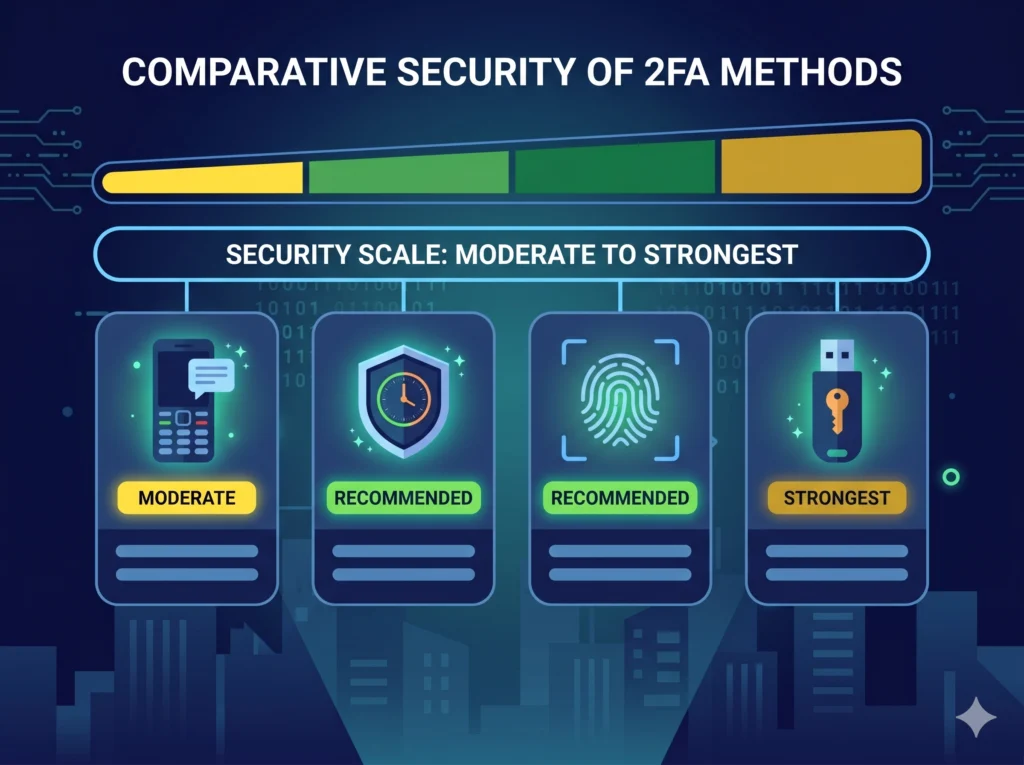 Perbandingan empat jenis two-factor authentication: SMS, aplikasi authenticator, biometrik, dan hardware security key diurutkan dari lemah ke kuat