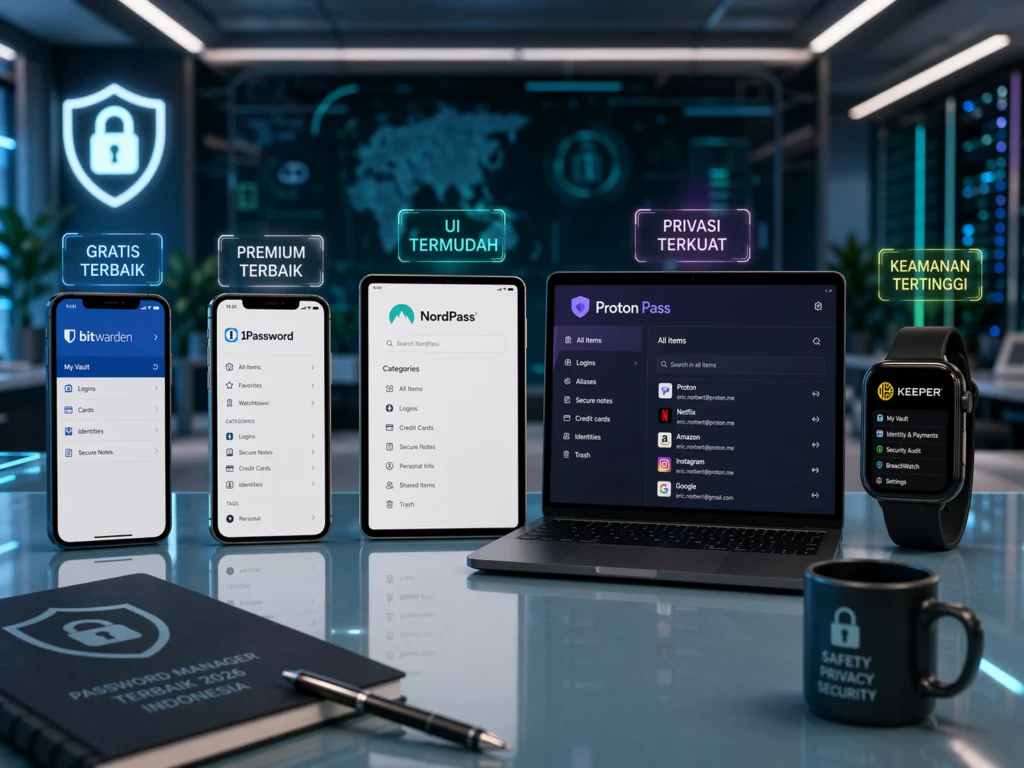 Komparasi logo dan antarmuka 5 aplikasi password manager terbaik untuk pengguna Indonesia: Bitwarden, 1Password, NordPass, Proton Pass, dan Keeper.