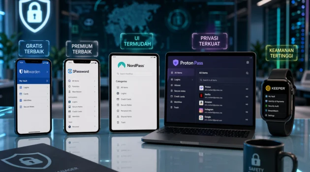 Komparasi logo dan antarmuka 5 aplikasi password manager terbaik untuk pengguna Indonesia: Bitwarden, 1Password, NordPass, Proton Pass, dan Keeper.