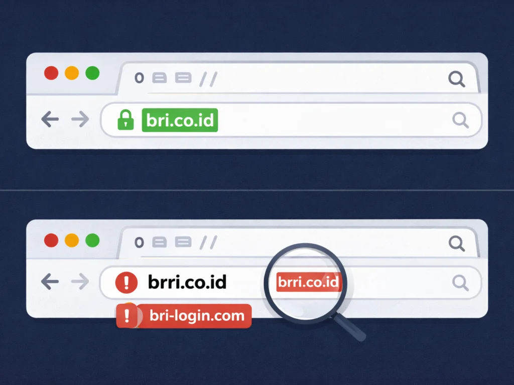 Perbandingan URL asli bank versus URL phishing palsu yang mirip dengan satu huruf berbeda di address bar browser