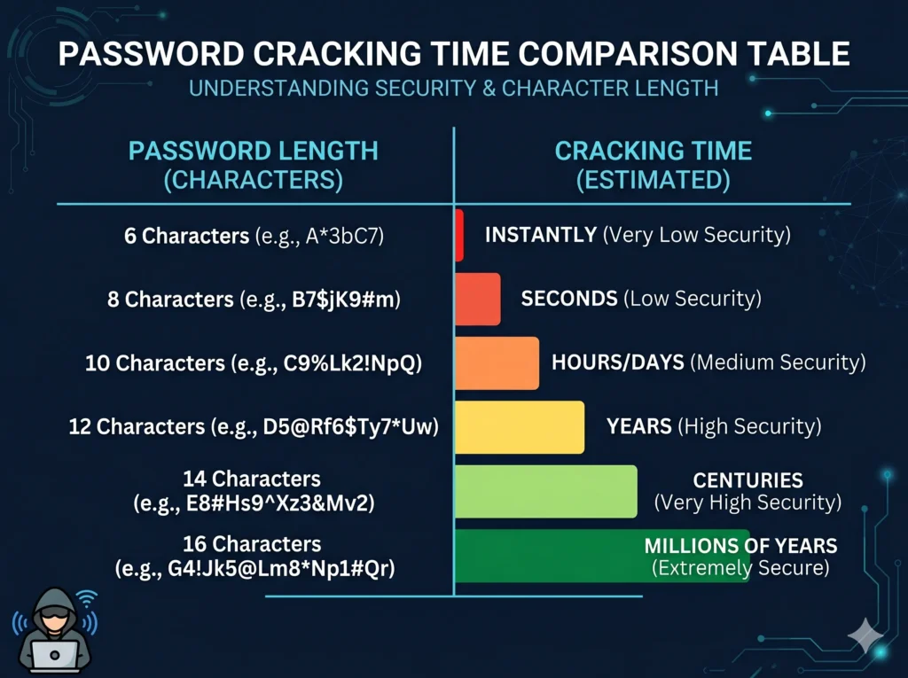 Tabel perbandingan waktu yang dibutuhkan untuk meretas password berdasarkan panjang karakter dan kompleksitasnya