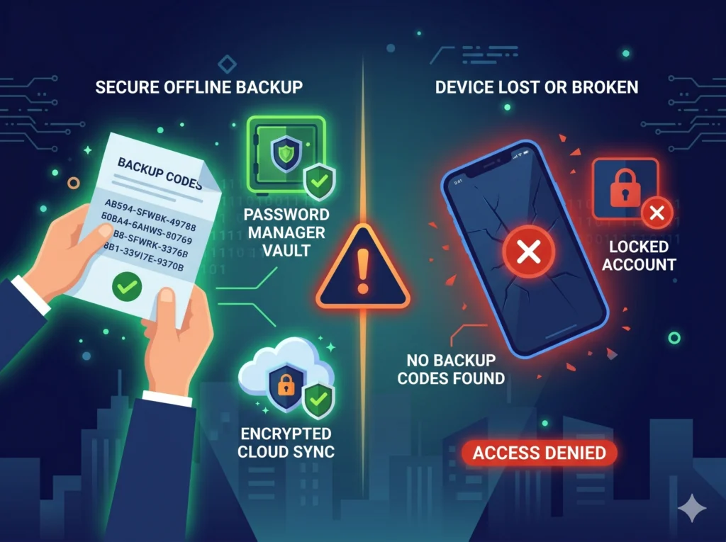 Ilustrasi pentingnya menyimpan kode cadangan backup codes 2FA di tempat aman seperti password manager atau dokumen fisik