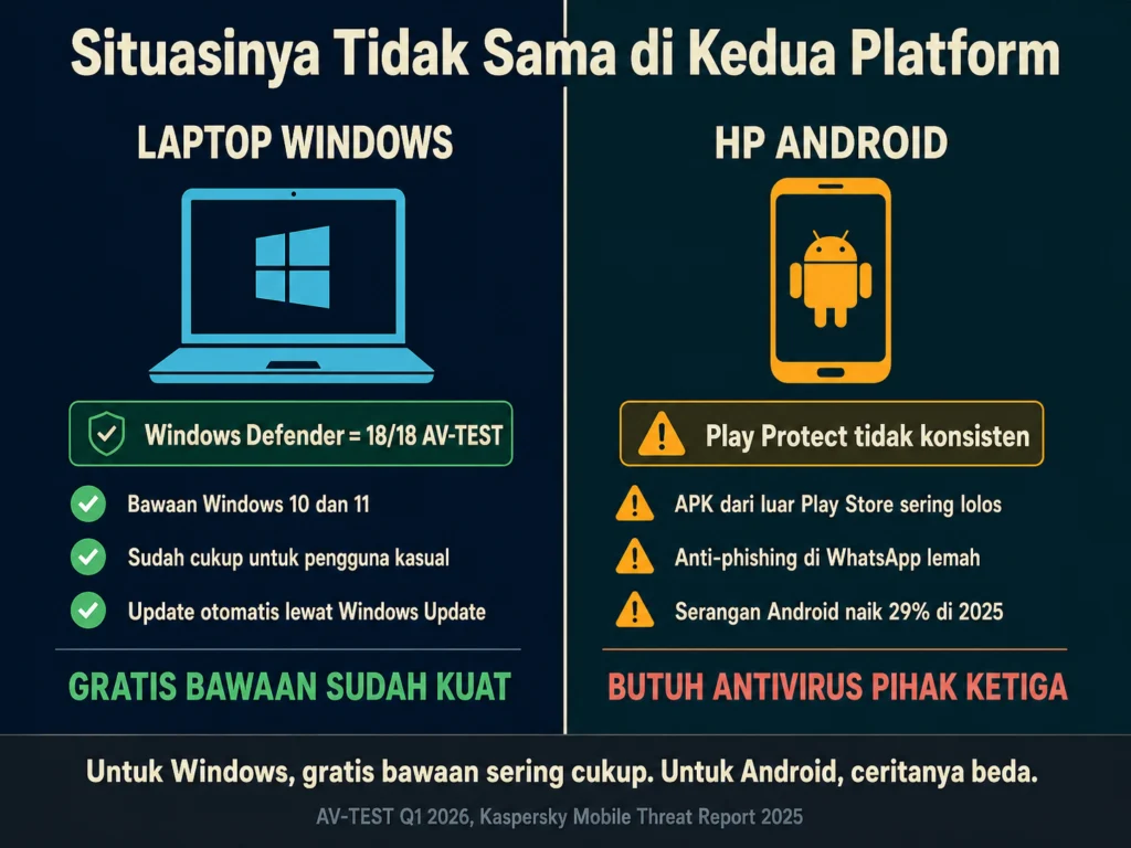 perbandingan Windows Defender vs Google Play Protect proteksi laptop Windows vs HP Android 2026
