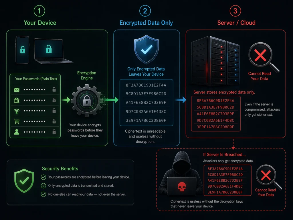 Diagram cara kerja zero-knowledge encryption pada password manager — data terenkripsi di perangkat pengguna sebelum dikirim ke server, vendor tidak dapat membaca isi vault
