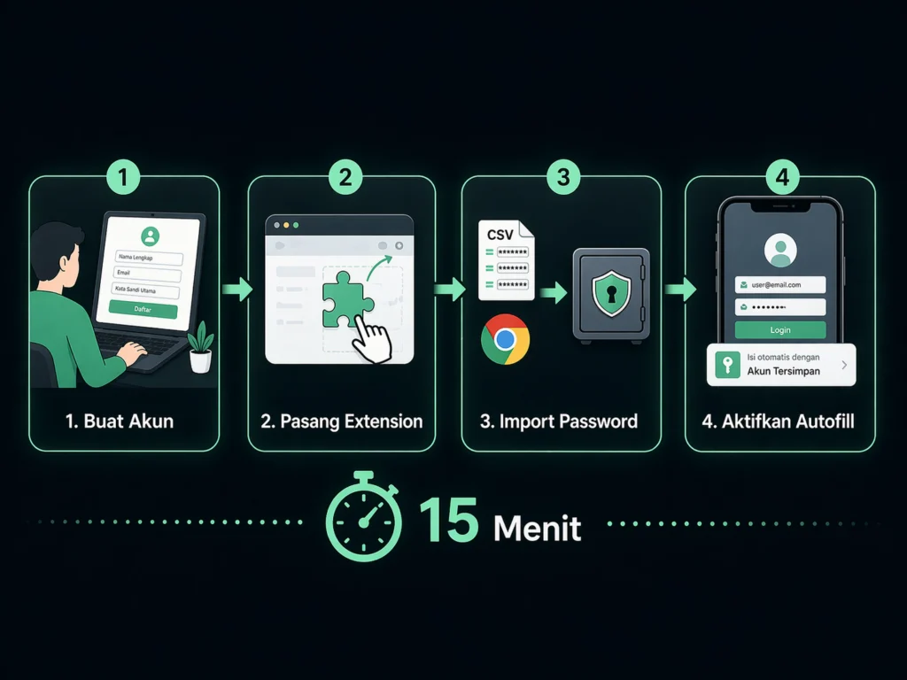 Panduan setup password manager dalam 15 menit — langkah daftar akun, install browser extension, import password dari Chrome, dan aktifkan autofill di Android