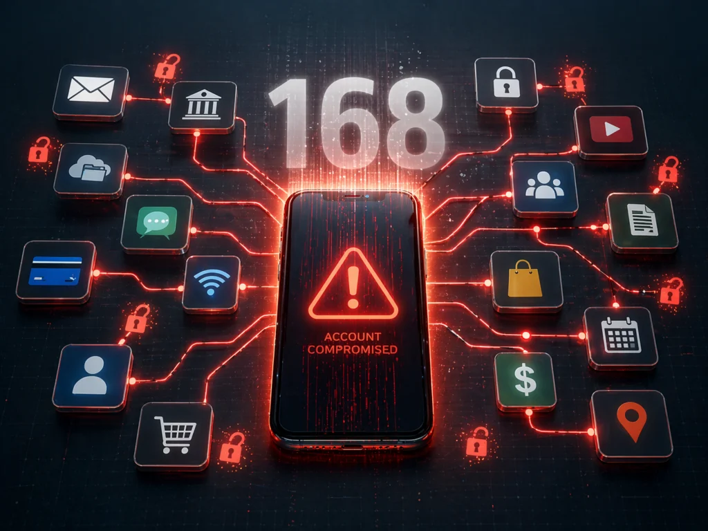 Ilustrasi kebocoran data akun online — rata-rata pengguna mengelola 168 akun internet dengan password yang didaur ulang, meningkatkan risiko peretasan