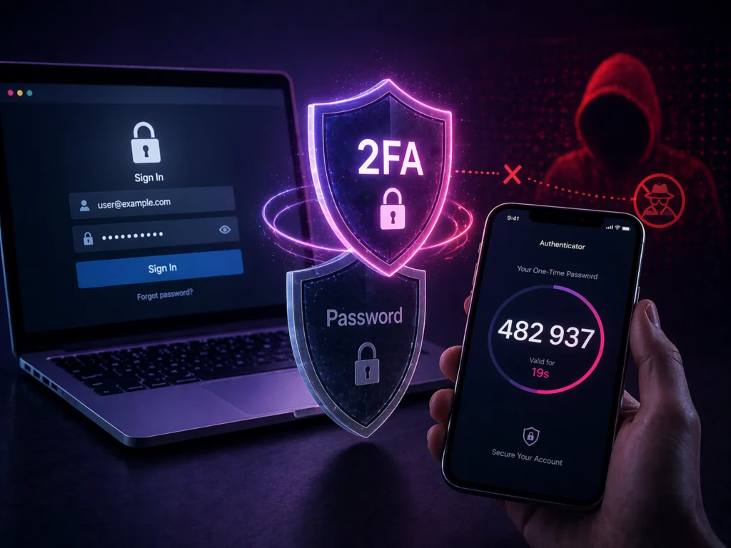 Two-factor authentication sebagai lapisan keamanan kedua setelah password manager — kode verifikasi OTP di smartphone mencegah akses tidak sah meski password bocor