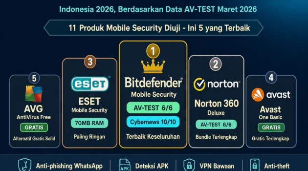 5 antivirus terbaik Android Indonesia 2026 Bitdefender Norton ESET Avast AVG ranking AV-TEST