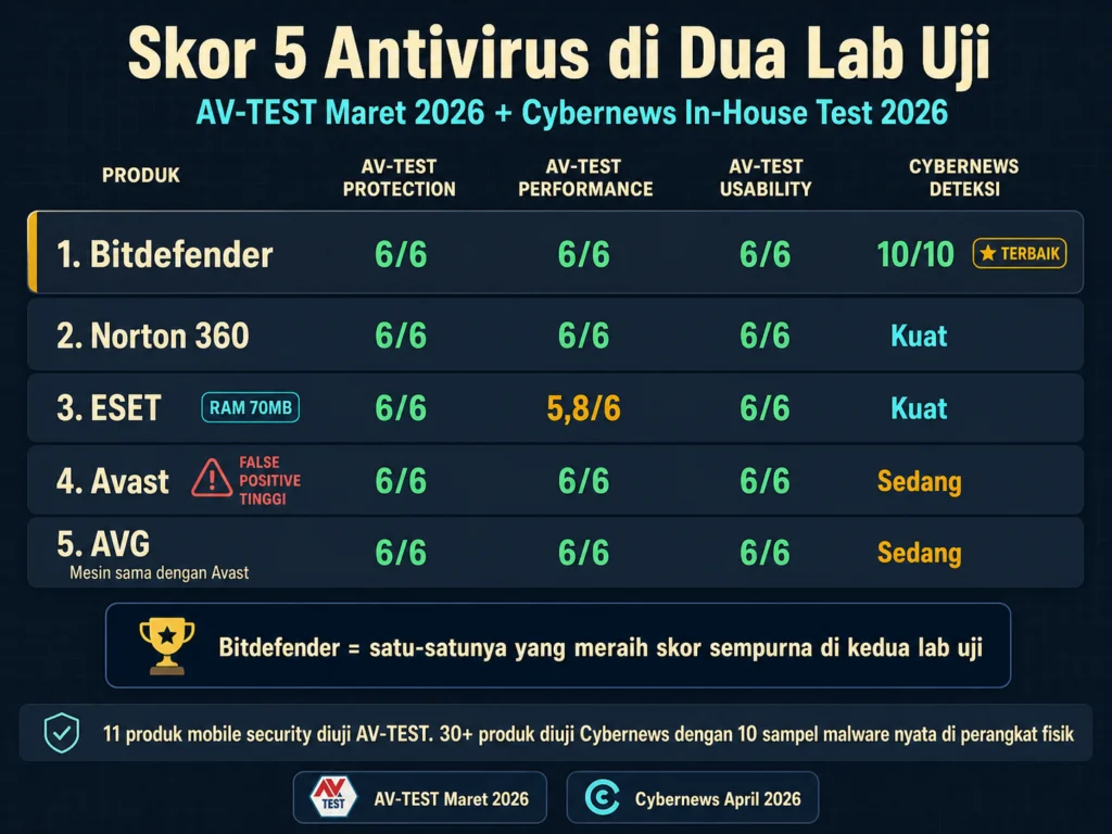 skor AV-TEST Maret 2026 Cybernews antivirus Android Bitdefender Norton ESET Avast AVG perbandingan