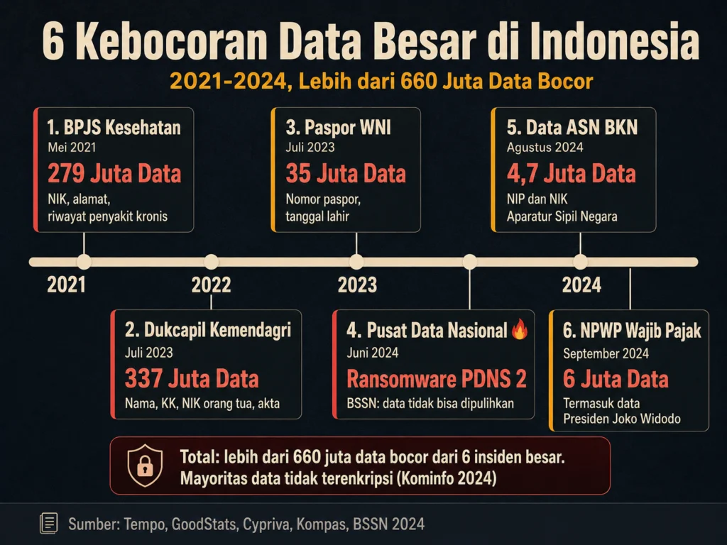 timeline kebocoran data Indonesia BPJS Dukcapil paspor NPWP ASN BKN PDN 2021 2022 2023 2024