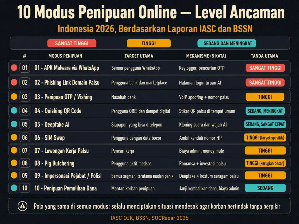 10 modus penipuan online Indonesia 2026 level ancaman APK WhatsApp phishing deepfake quishing pig butchering