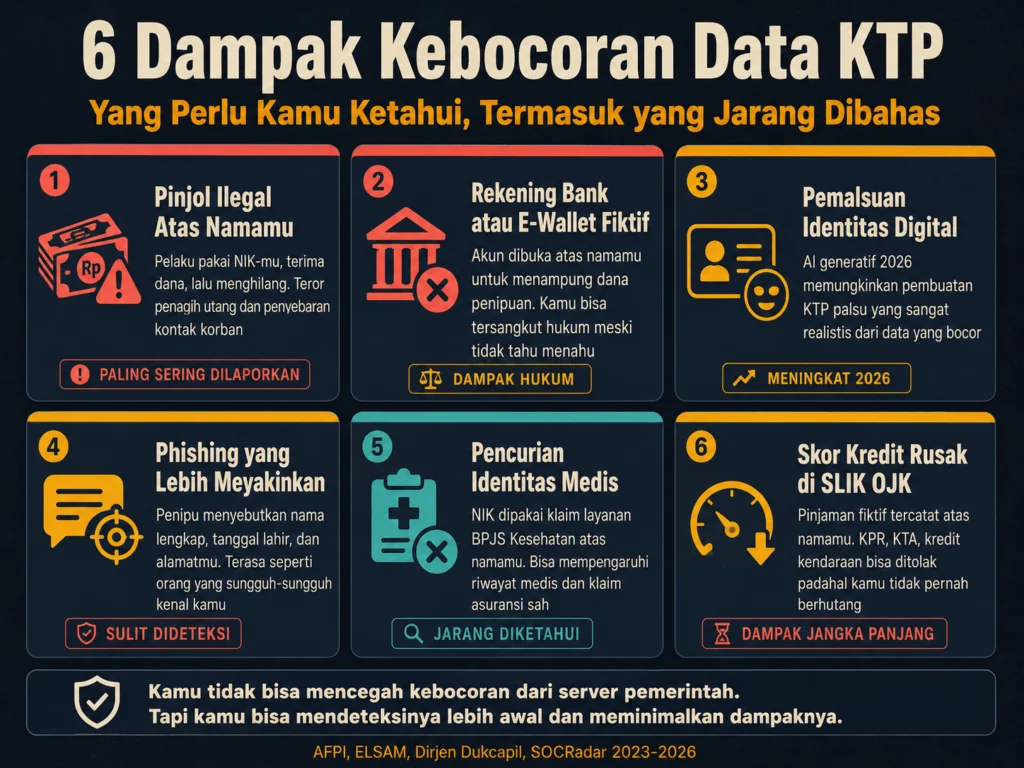 6 dampak kebocoran data KTP Indonesia pinjol ilegal pemalsuan identitas rekening fiktif SLIK kredit rusak