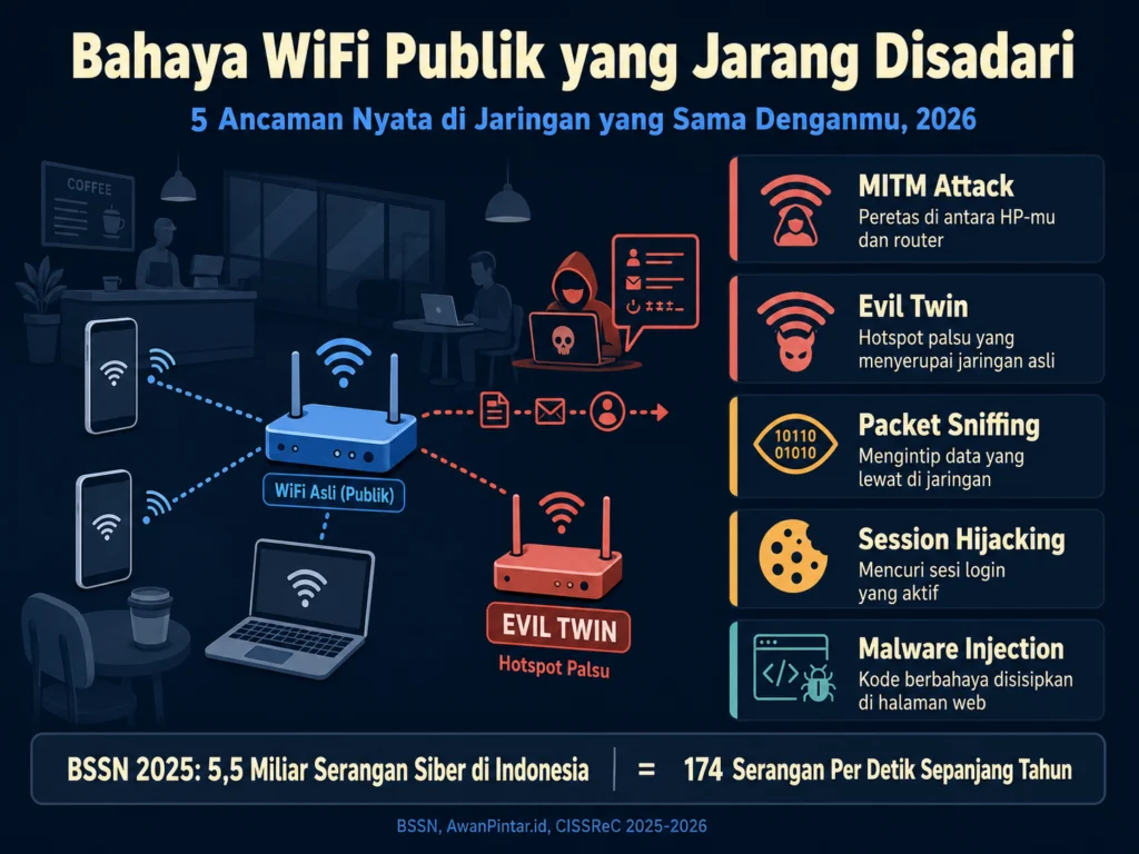bahaya wifi publik Indonesia 2026 evil twin MITM packet sniffing kafe mal bandara data dicuri