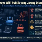 bahaya wifi publik Indonesia 2026 evil twin MITM packet sniffing kafe mal bandara data dicuri