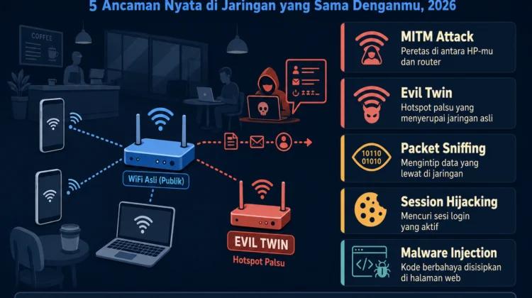 bahaya wifi publik Indonesia 2026 evil twin MITM packet sniffing kafe mal bandara data dicuri