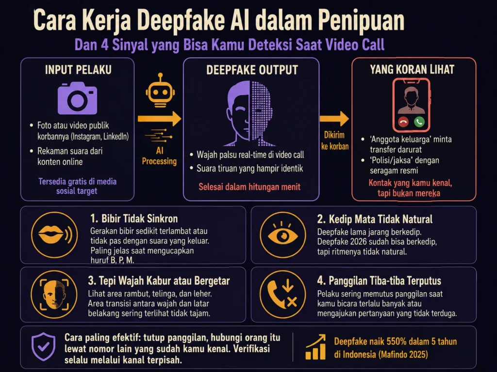 cara kerja deepfake AI penipuan Indonesia 2026 sinyal deteksi video call palsu kloning suara wajah