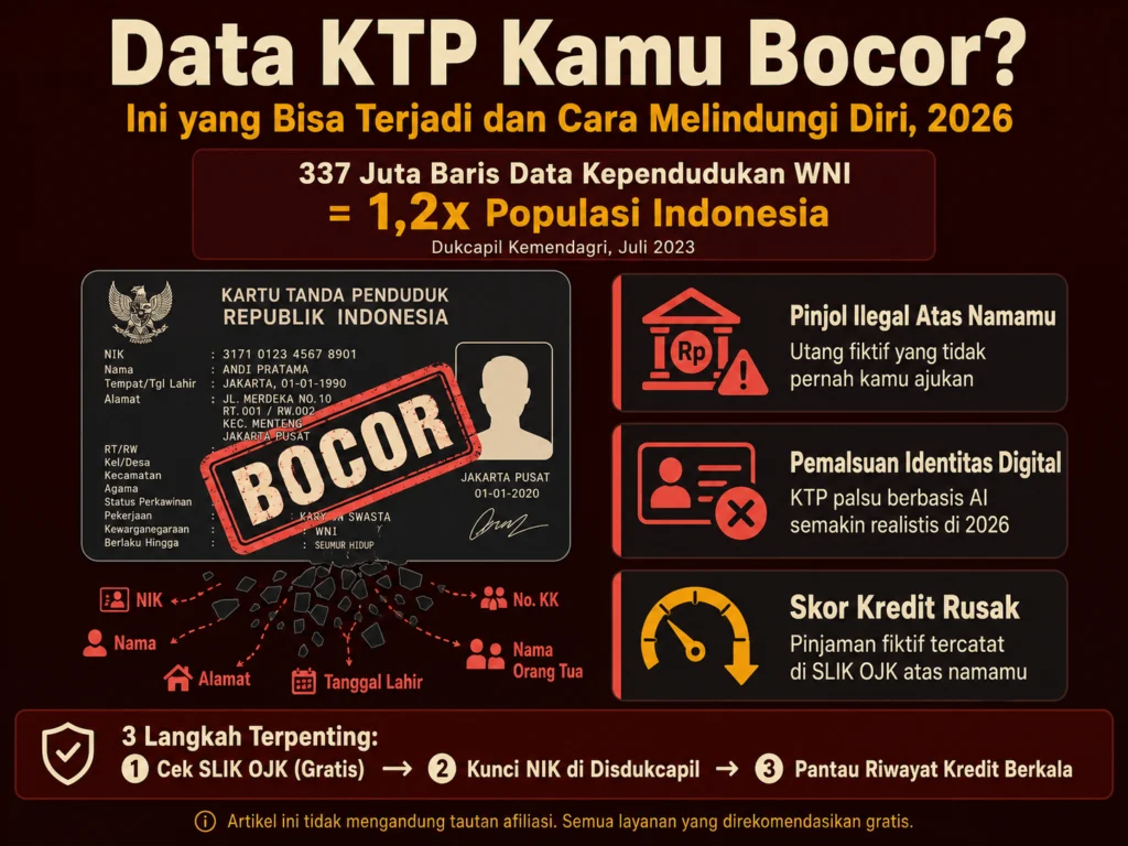 data KTP bocor Indonesia 337 juta NIK Dukcapil 2023 pinjol ilegal dampak cara melindungi diri
