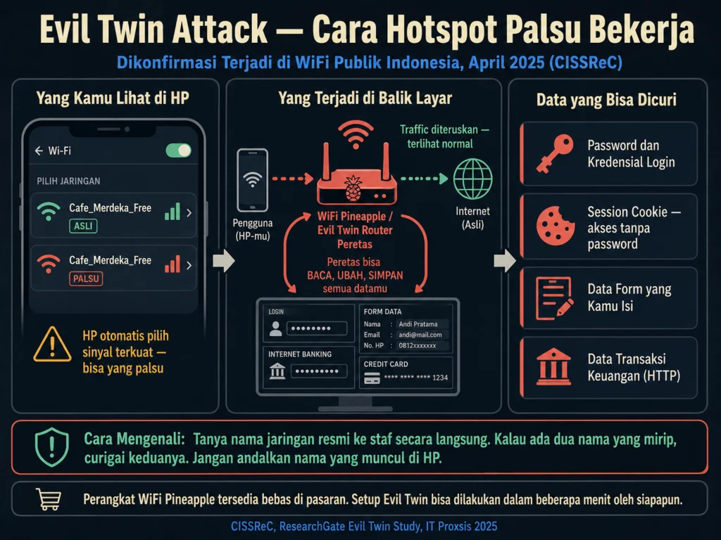evil twin attack cara kerja hotspot palsu WiFi Indonesia Pineapple MITM 2025 diagram